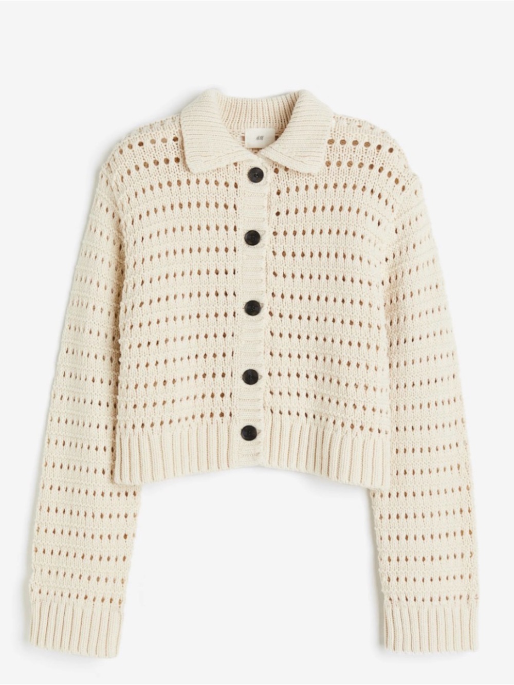 H&M Cream Open-Knit Collared Button Cardigan